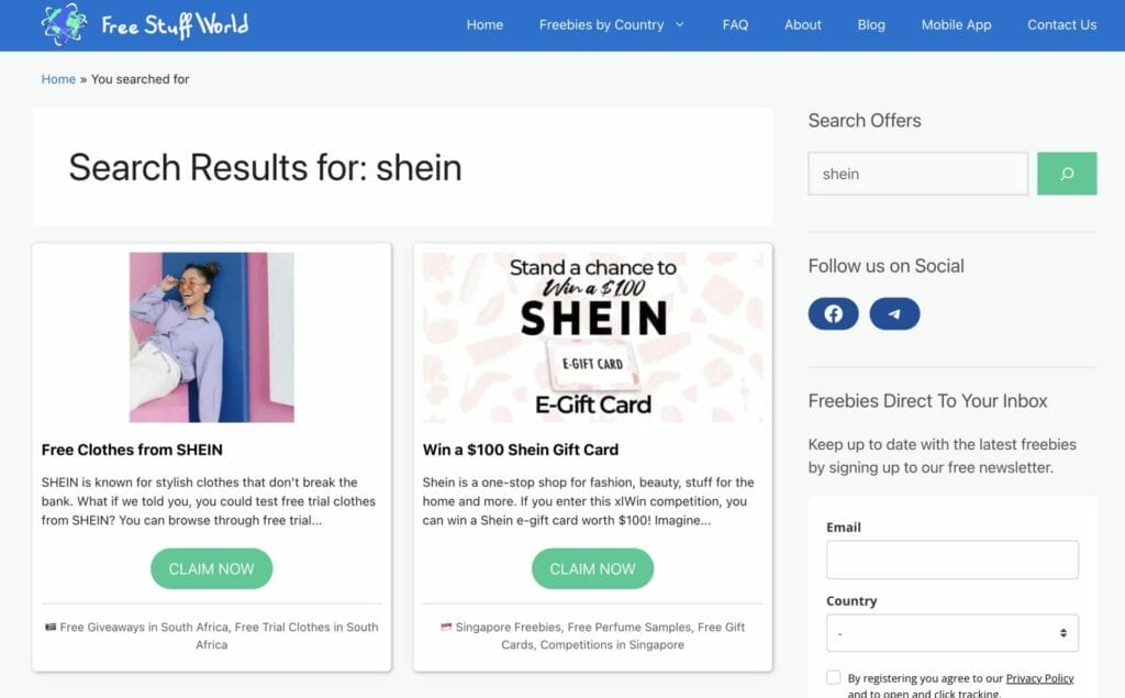 FreeStuffWorld website with example Shein offers.